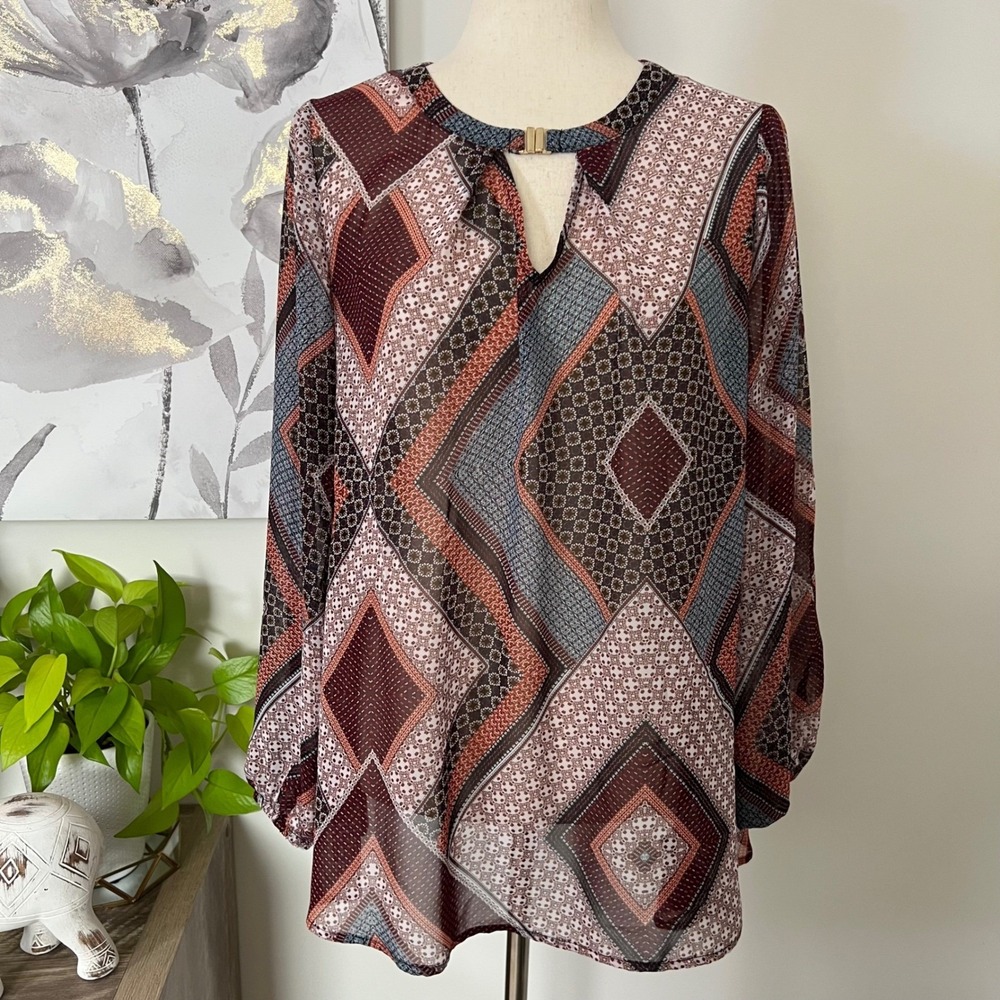 ALYX Top Womens Medium Multicolor Geometric Keyhole Neck Long Sleeve Boho Fairy